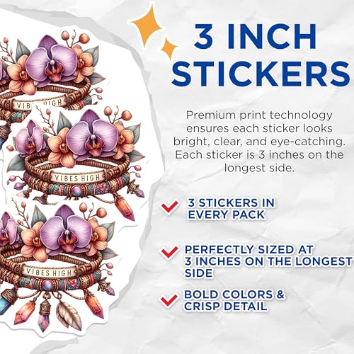 (3 Pack) Vibes High Decals - Bohemian Decor - Crystal Charms Laptop Decals - 3 Inches On Longest Side - Easy Peel & Apply - Made in USA - 3MCS7605