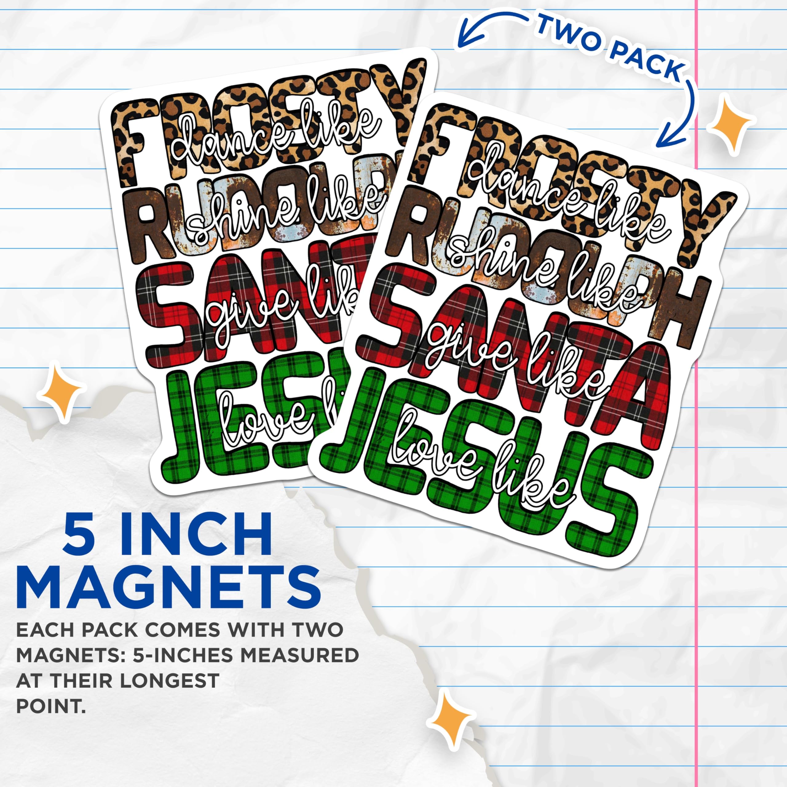(2 Pack) Christian Christmas Magnets - Holiday Plaid Leopard Rudolph Santa Jesus - Refrigerator Locker Decor - 5 Inches On Longest Side - Thick Durable Magnet - Made in USA - MAG26360