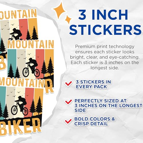 (3 Pack) Mountain Biker Decals - Cycling Laptop Decal - Retro Bike Decals - 3 Inches On Longest Side - Easy Peel & Apply - Made in USA - 3MCS1231