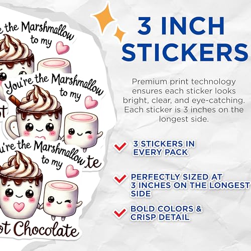 (3 Pack) Hot Chocolate Decals - Marshmallow Love - Cute Laptop Decals - 3 Inches On Longest Side - Easy Peel & Apply - Made in USA - 3MCS2306