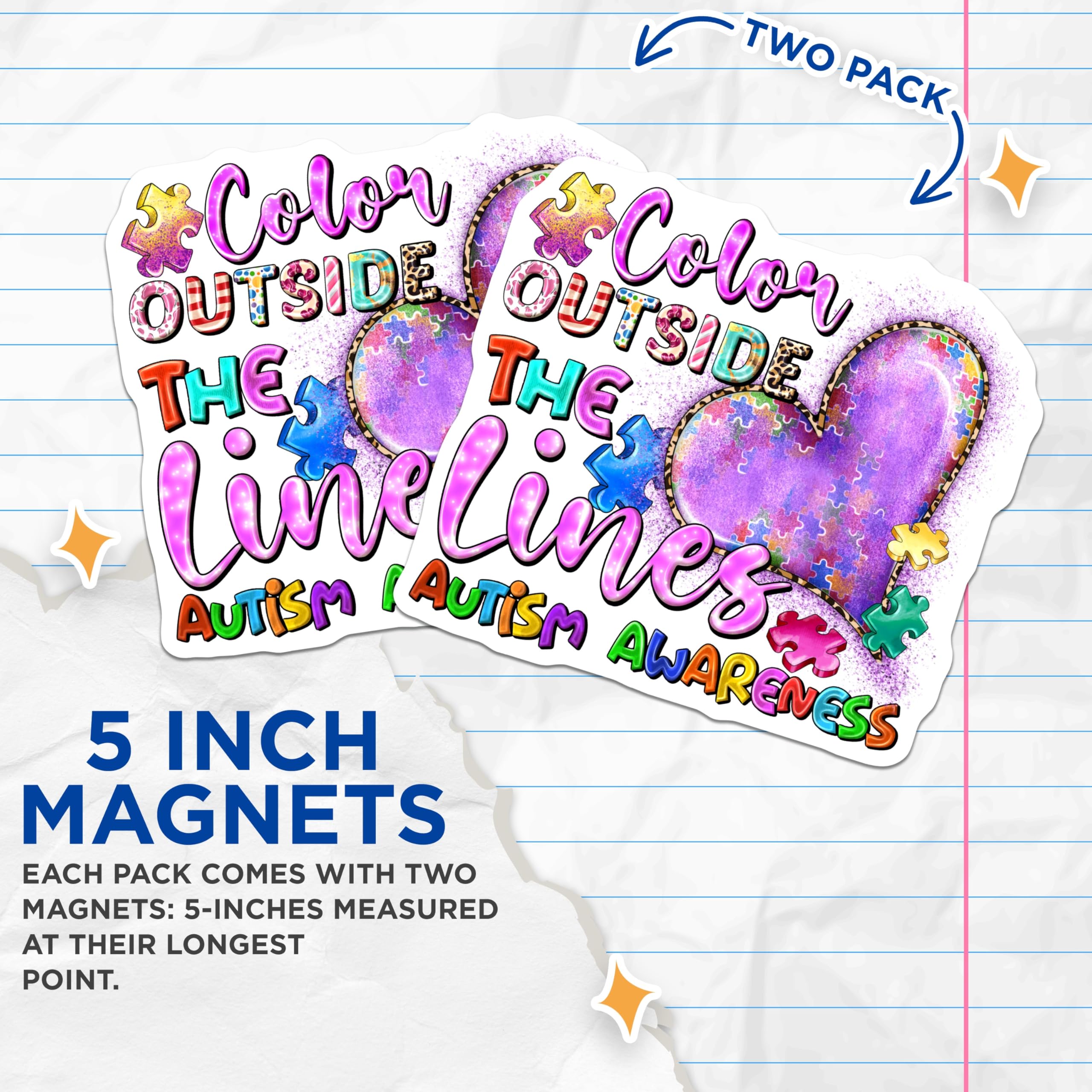 (2 Pack) Color Outside The Lines Magnets - Autism Awareness Support - Neurodiversity Puzzle Heart - 5 Inches On Longest Side - Thick Durable Magnet - Made in USA - MAG26037