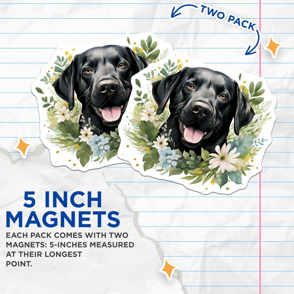 (2 Pack) Black Labrador Magnets - Floral Dog Lover Decor - Pet Portrait Refrigerator Accent - 5 Inches On Longest Side - Thick Durable Magnet - Made in USA - MAG26469