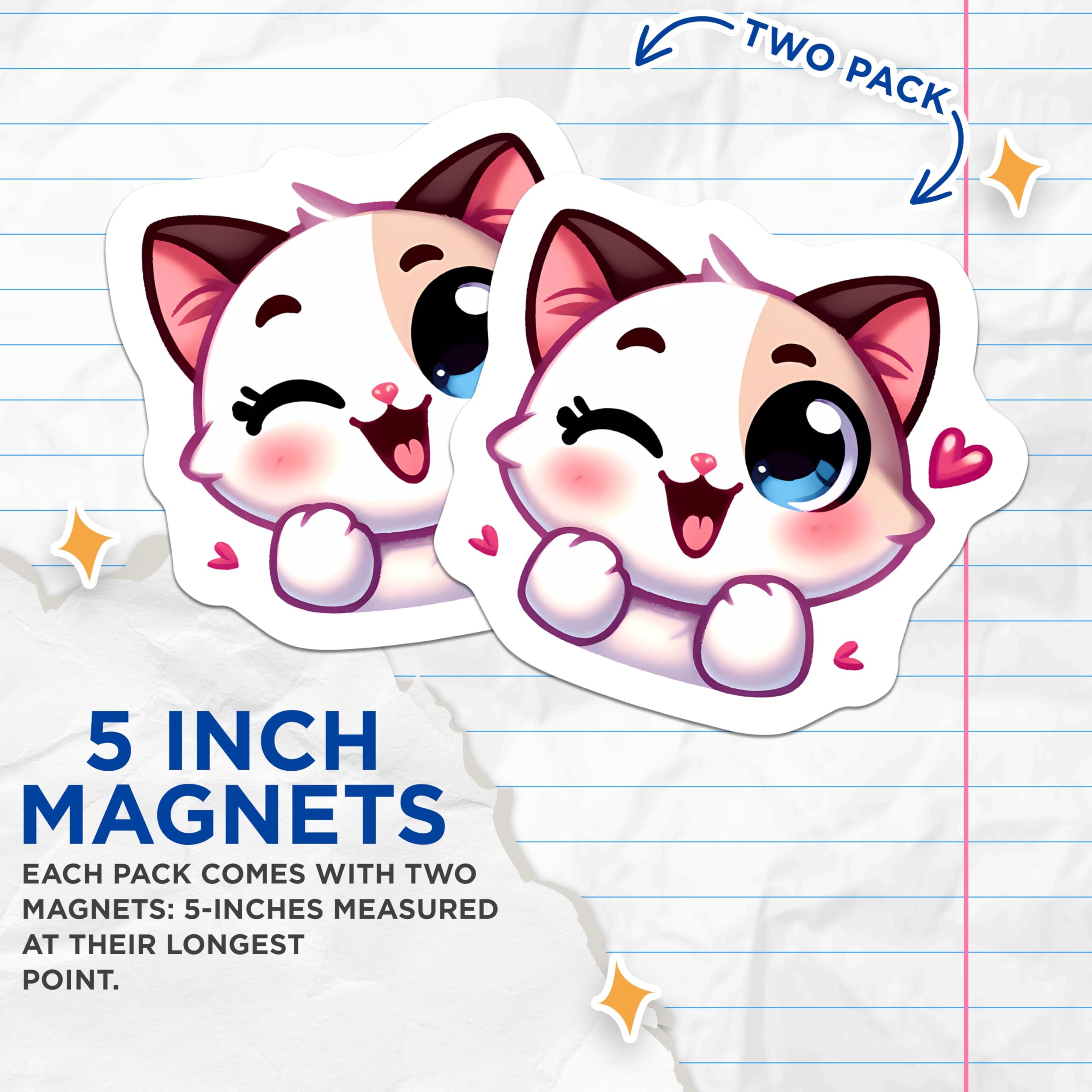 (2 Pack) Kawaii Cat Magnets - Cute Winking Kitten Refrigerator Magnets - Adorable Anime Feline Locker Decor Accessory - 5 Inches On Longest Side - Thick Durable Magnet - Made in USA - MAG21259