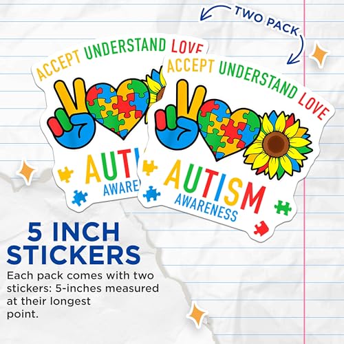 (2 Pack) Autism Awareness Stickers - Accept Understand Love Stickers - Puzzle Heart Peace Sign Stickers - 5" On Longest Side - Sticks to Any Smooth Flat Surface - Made in USA - BMCS3574