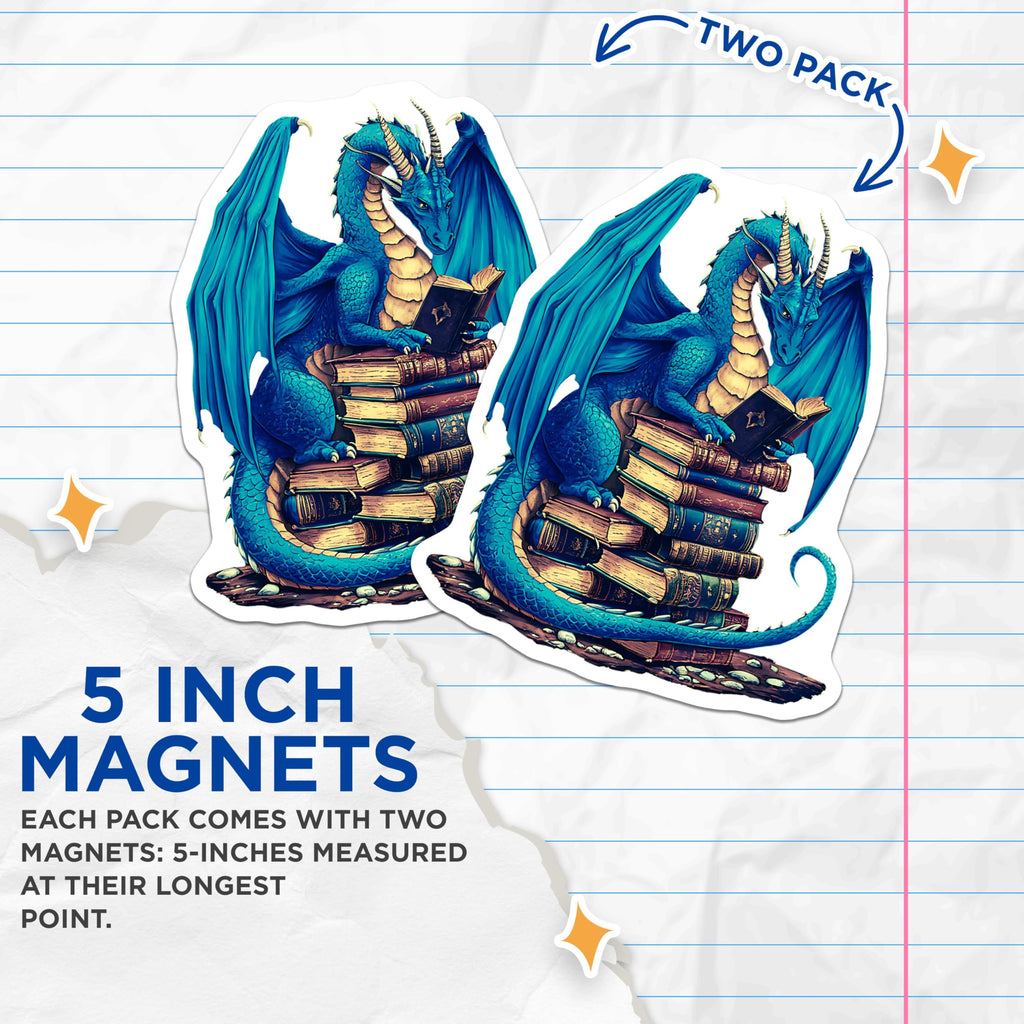 (2 Pack) Dragon Reading Books Magnets - Fantasy Dragon Art - Mythical Creature Decorative - 5" On Longest Side - for Cars, Refrigerators, Toolboxes, Lockers - Made in USA BMCS3367