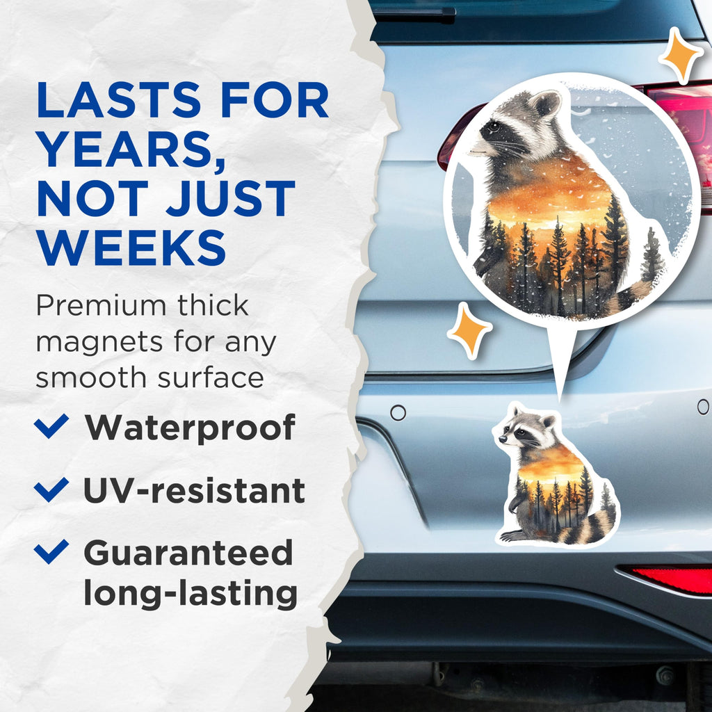 (2 Pack) Raccoon Magnets - Forest Sunset Art - Animal Fridge Decor - 5" On Longest Side - Premium Magnet - for Cars, Refrigerators, Toolboxes, Lockers - Made in USA - MAG15272