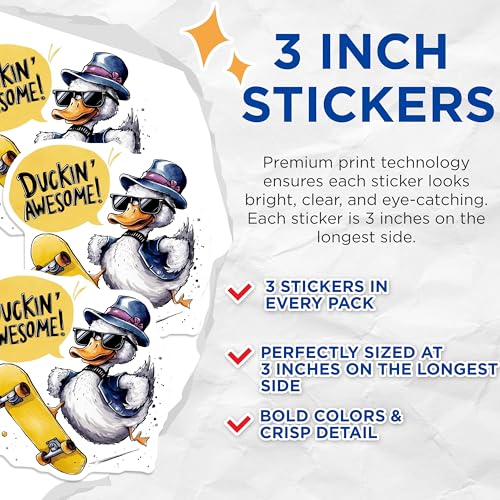 (3 Pack) Duckin Awesome Decals - Skateboard Duck - Funny Laptop Decal - 3 Inches On Longest Side - Easy Peel & Apply - Made in USA - 3MCS7306