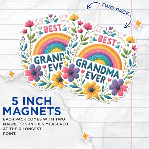 (2 Pack) Best Grandma Ever Magnets - Rainbow Grandma Magnets - Floral Grandma Magnets- 5" On Longest Side - for Fridges, Toolboxes, Cars - Made in USA - MAG2940
