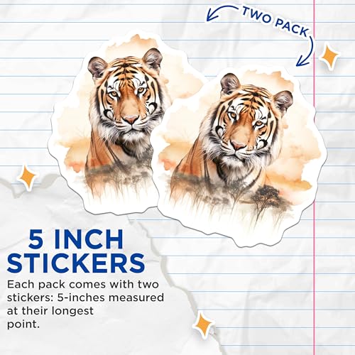 (2 Pack) Tiger Art Stickers - Wildlife Art - Animal Lovers - Jungle Vibes - Unique Illustrations - 5" On Longest Side - Sticks to Smooth Flat Surfaces - Made in USA - BMCS3806