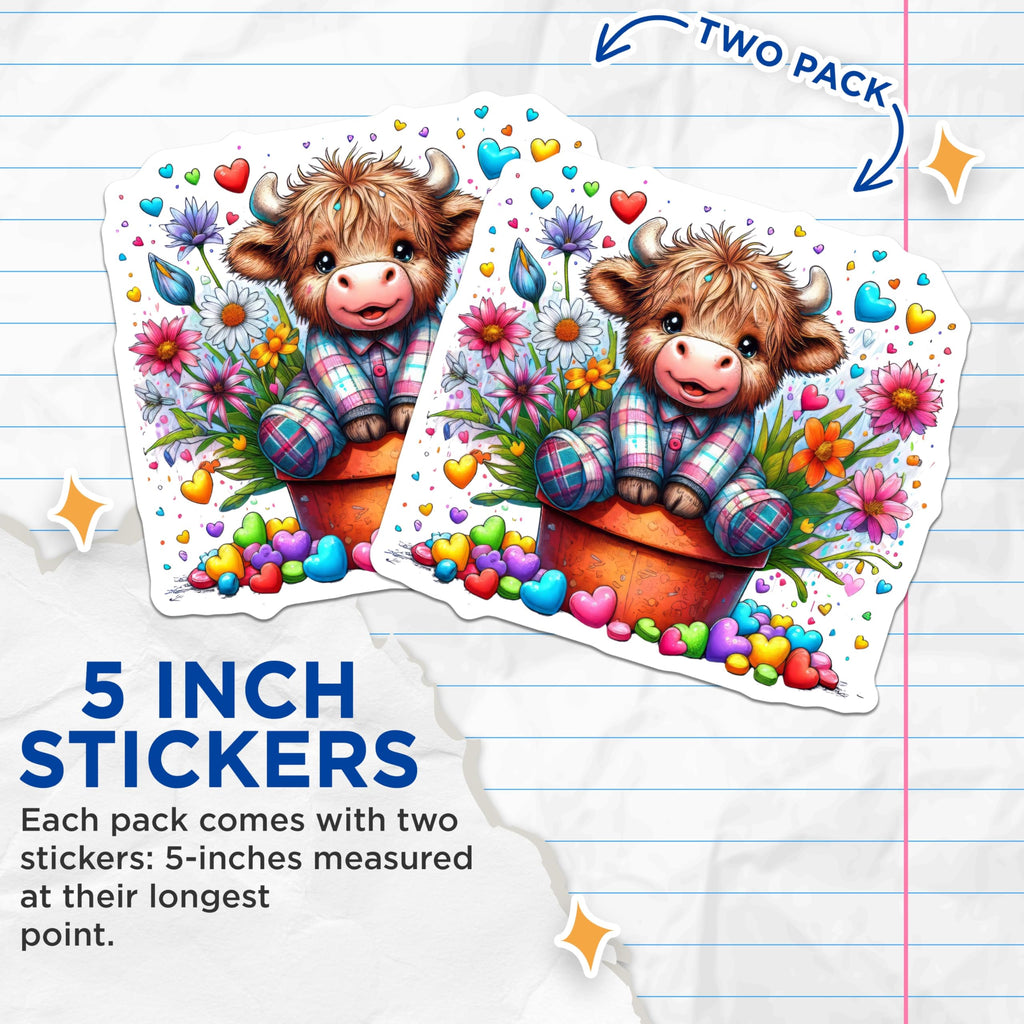 (2 Pack) Highland Cow Stickers - Cute Flower Animal - Decorative Cow Stickers - 5" On Longest Side - Sticks to Smooth Flat Surfaces - Made in USA - BMCS14531