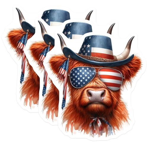 (3 Pack) Highland Cow Decals - Patriotic Cow - American Flag Decor- 3 Inches On Longest Side - Easy Peel & Apply - Made in USA - 3MCS5120
