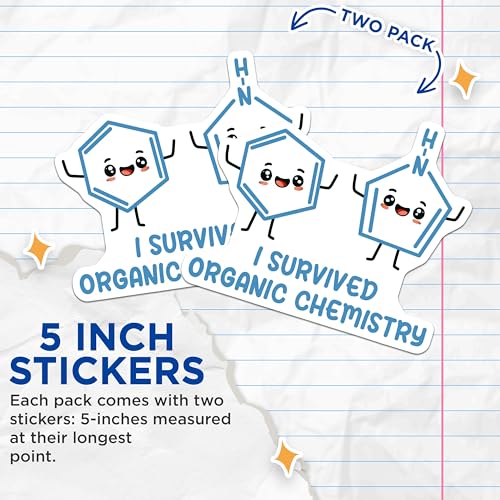 (2 Pack) I Survived Organic Chemistry Stickers - Cute Organic Chemistry - Funny Science for Chemistry Students - 5" On Longest Side - Sticks to Smooth Flat Surfaces - Made in USA - BMCS8029