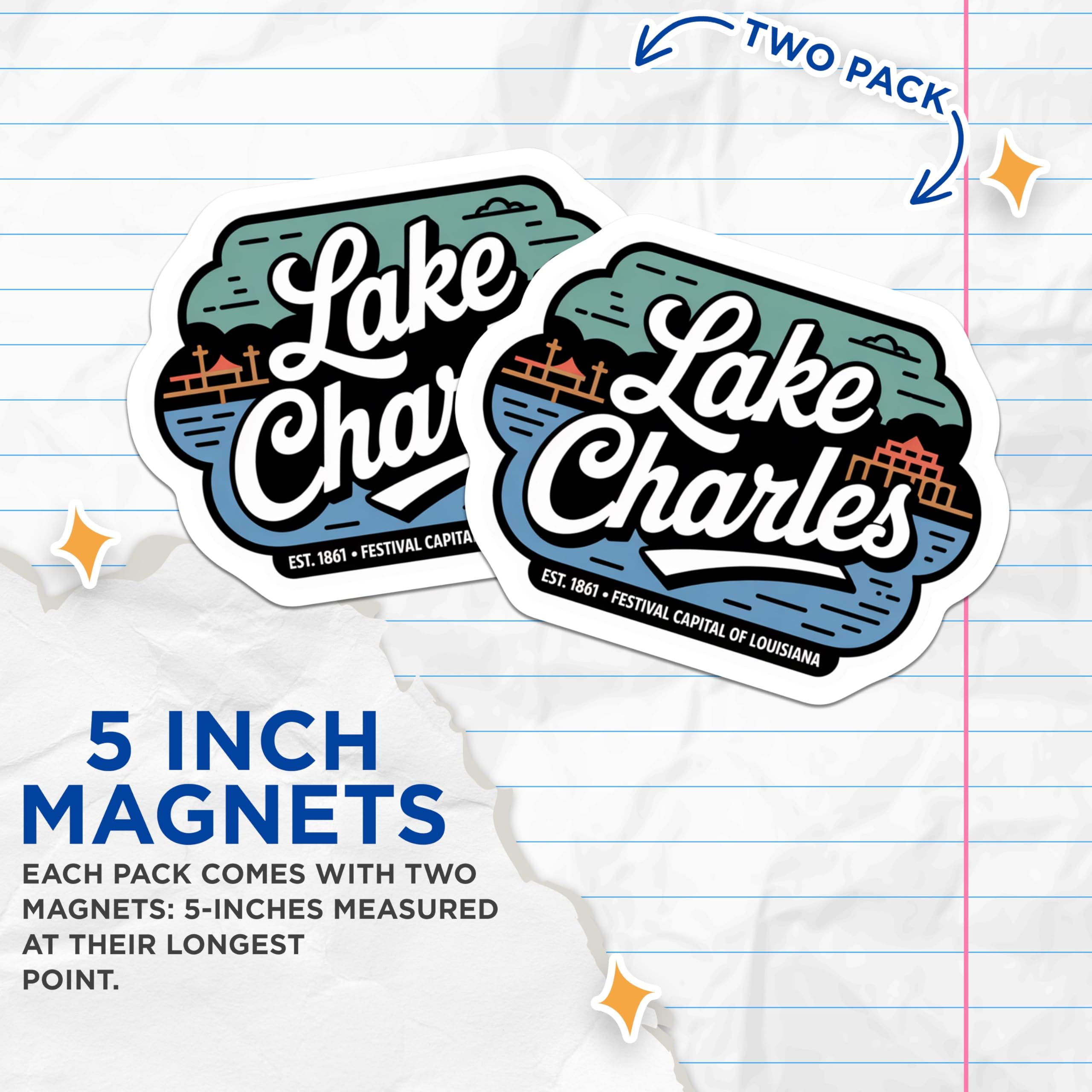 (2 Pack) Lake Charles Magnets - Louisiana Souvenir - Festival Capital Decor - 5" On Longest Side - Premium Magnet - for Cars, Refrigerators, Toolboxes, Lockers - Made in USA - MAG18499