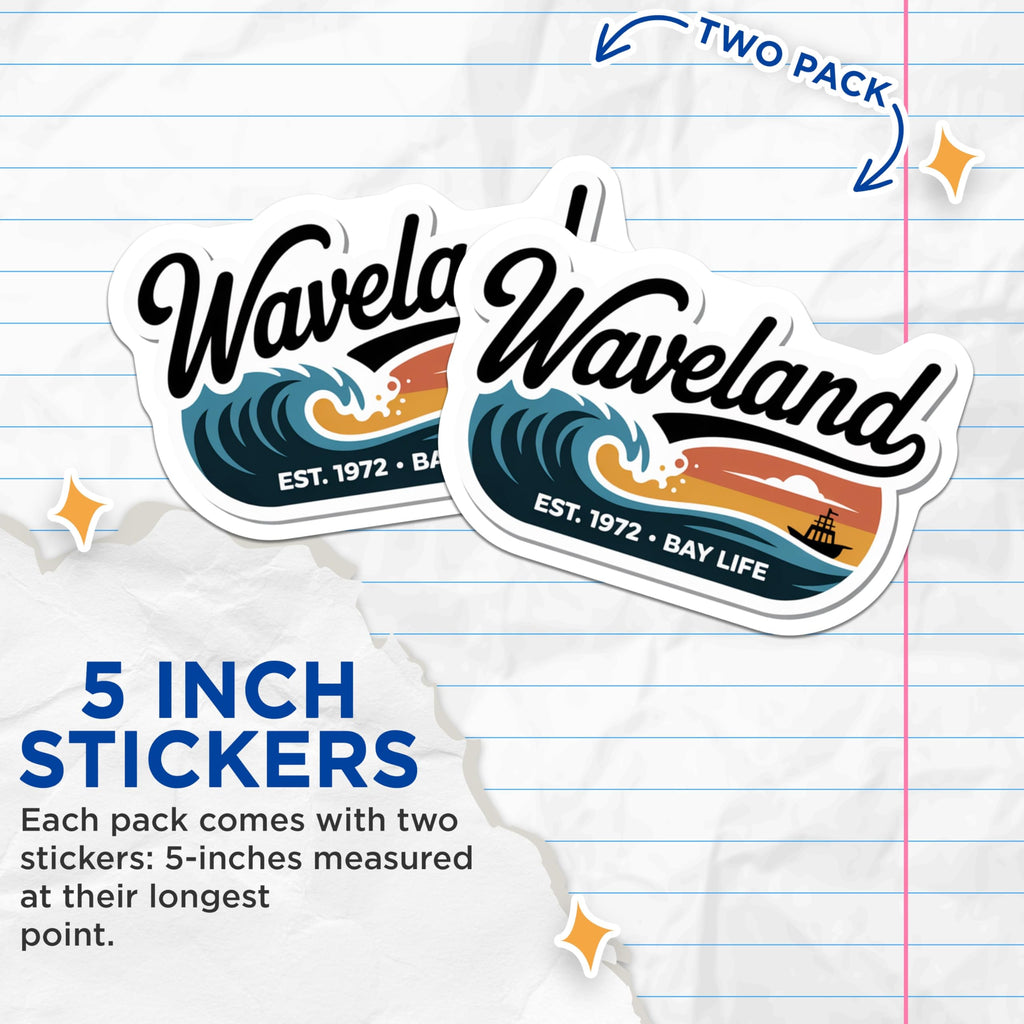 (2 Pack) Waveland Stickers - Bay Life Decals - Ocean Wave Stickers - 5" On Longest Side - Sticks to Smooth Flat Surfaces - Made in USA - BMCS17433