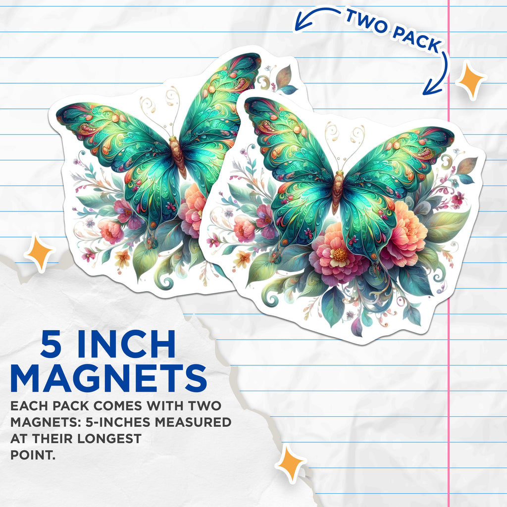 (2 Pack) Whimsical Butterfly Magnets - Enchanted Garden Decor - Nature Lover Accents - 5 Inches On Longest Side - Thick Durable Magnet - Made in USA - MAG36341