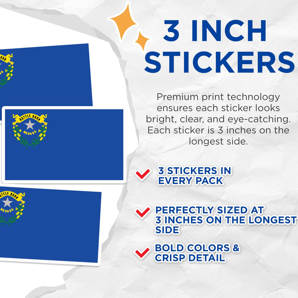 (3 Pack) Nevada State Flag Decals - Battle Born - Laptop Decals - 3 Inches On Longest Side - Easy Peel & Apply - Made in USA - 3MCS0200