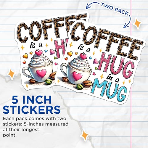 (2 Pack) Coffee is a Hug in a Mug Stickers - Cute Coffee Art - Heartwarming Coffee Mug Design - 5" On Longest Side - Sticks to Smooth Flat Surfaces - Made in USA - BMCS7531