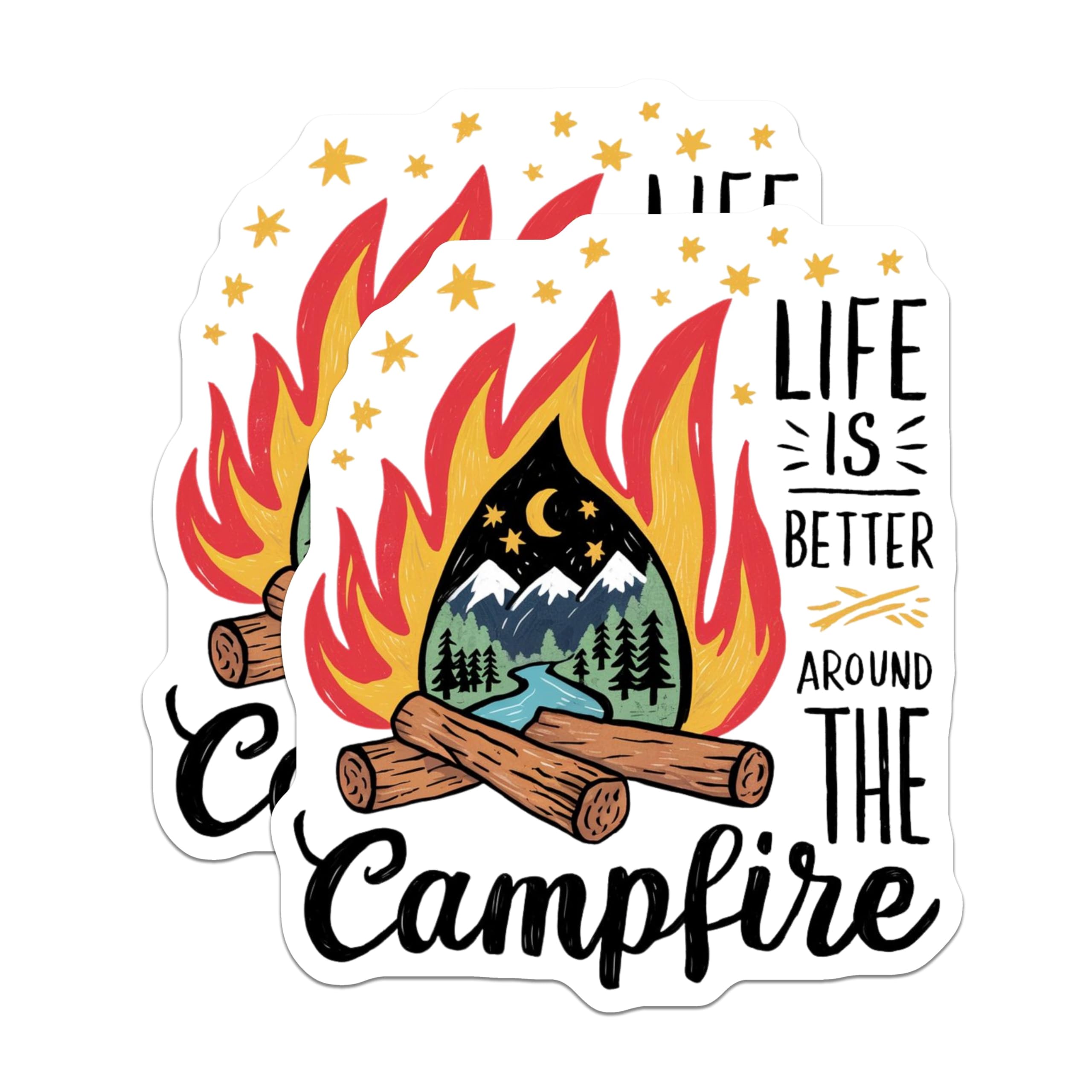 (2 Pack) Life is Better Around The Campfire Stickers - Camping Adventure - Campfire Night Outdoor Enthusiasts - 5" On Longest Side - Sticks to Smooth Flat Surfaces - Made in USA - BMCS4064