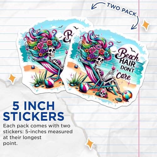 (2 Pack) Beach Hair Dont Care Stickers - Skeleton Beach Vibes - Summer Fun Graphics - 5" On Longest Side - Sticks to Smooth Flat Surfaces - Made in USA - BMCS9575