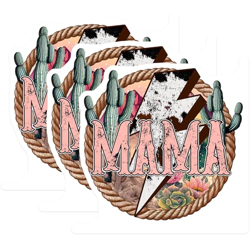 (3 Pack) Mama Cactus Decals - Western Laptop Decal - Cow Print Decal - 3 Inches On Longest Side - Easy Peel & Apply - Made in USA - 3MCS4941