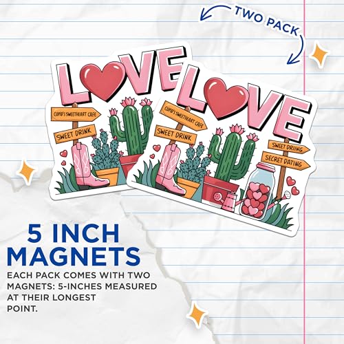 (2 Pack) Love Valentines Day Magnets - Cute Cactus Magnets - Sweetheart Cafe Magnets - 5" On Longest Side - for Cars, Fridges, Toolboxes - Made in USA - MAG4389