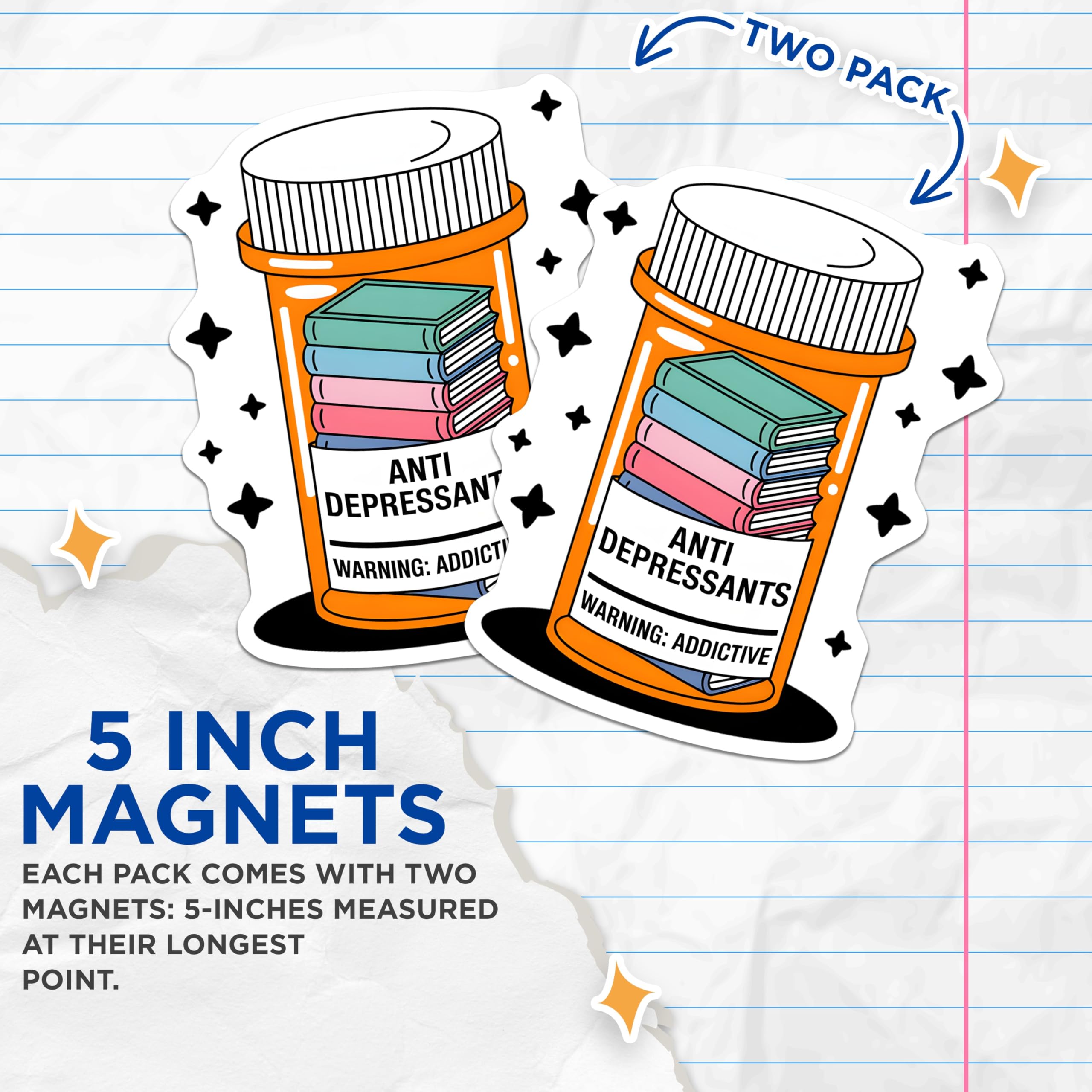 (2 Pack) Book Lover Antidepressant Magnets - Reading Therapy Decor - Bookish Mental Health Humor - Bibliophile Accessory - 5 Inches On Longest Side - Thick Durable Magnet - Made in USA - MAG22687