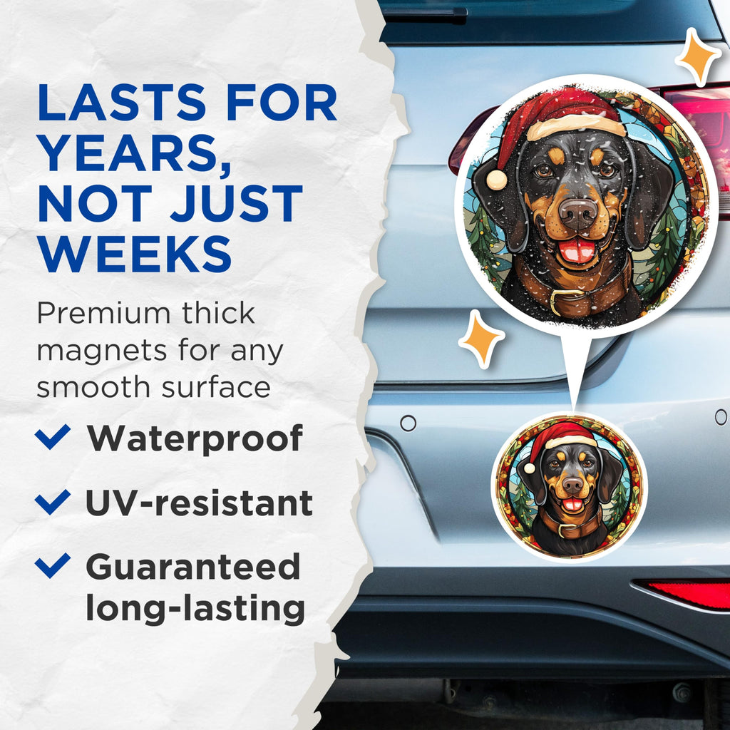 (2 Pack) Dachshund Christmas Magnets - Stained Glass Dog Art - Holiday Santa Hat Refrigerator Magnets - 5 Inches On Longest Side - Thick Durable Magnet - Made in USA - MAG30509