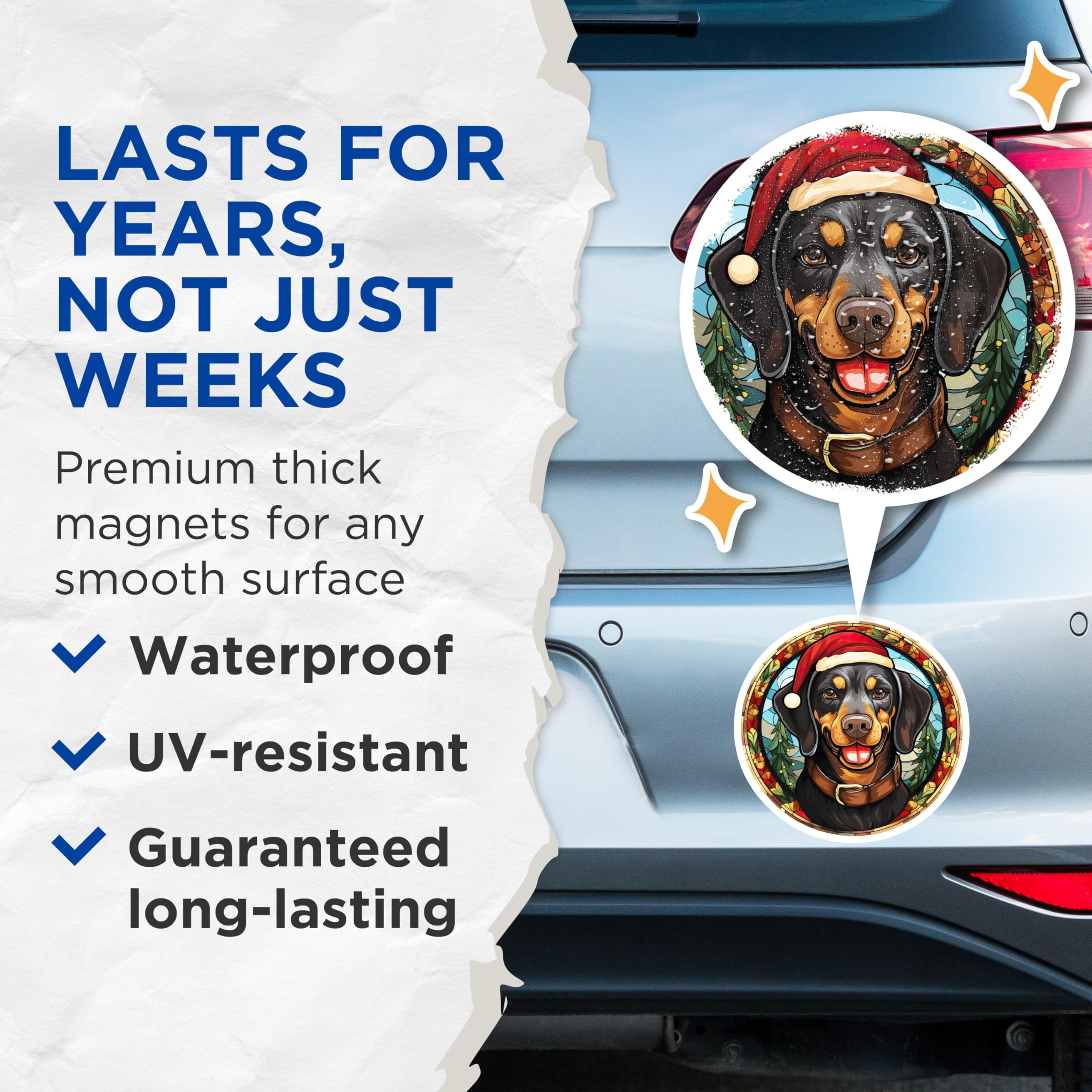 (2 Pack) Dachshund Christmas Magnets - Stained Glass Dog Art - Holiday Santa Hat Refrigerator Magnets - 5 Inches On Longest Side - Thick Durable Magnet - Made in USA - MAG30509