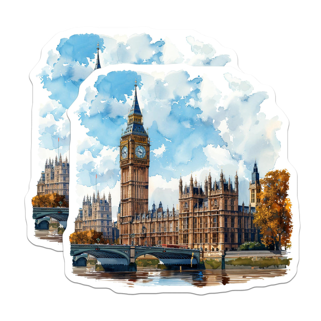 (2 Pack) London Big Ben Landmark Stickers - Watercolor Cityscape Stickers - UK Travel Souvenir Stickers - 5" On Longest Side - Sticks to Smooth Flat Surfaces - Made in USA - BMCS5183