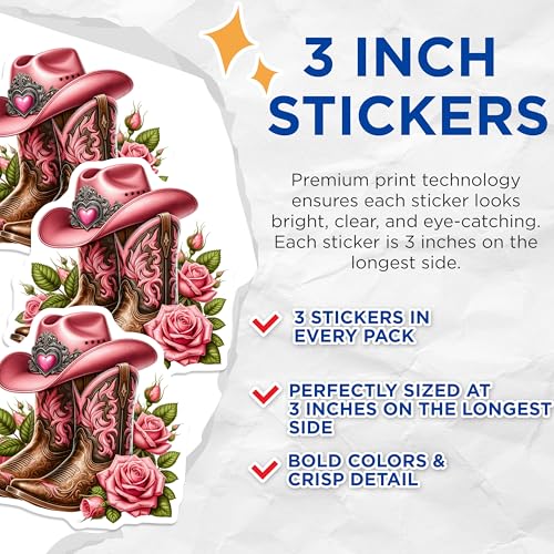 (3 Pack) Pink Cowgirl Decals - Cowboy Boots Sticker - Laptop Decal - 3 Inches On Longest Side - Easy Peel & Apply - Made in USA - 3MCS4304