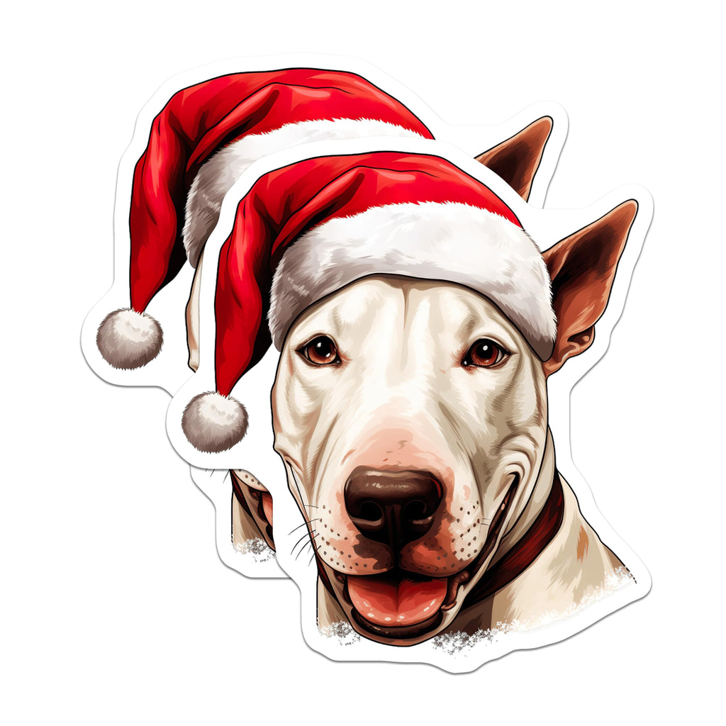 (2 Pack) Bull Terrier Santa Hat Magnets - Christmas Dog Refrigerator Decor - Holiday Pet Animal Art - 5 Inches On Longest Side - Thick Durable Magnet - Made in USA - MAG25679