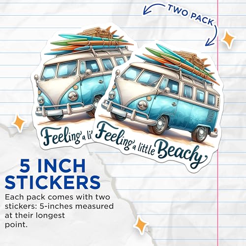 (2 Pack) Vintage Surf Van Stickers - Feeling A Little Beachy - 5" On Longest Side - Sticks to Smooth Flat Surfaces - Made in USA - BMCS9282 - BMCS9282