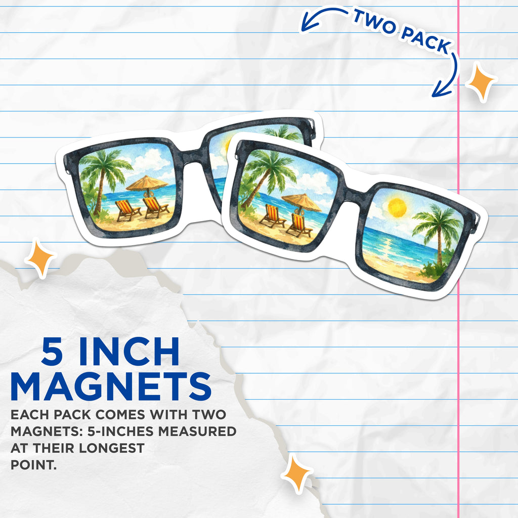 (2 Pack) Beach Scene Sunglasses Magnets - Tropical Vacation Decor - Summer Aesthetic Refrigerator Art - 5 Inches On Longest Side - Thick Durable Magnet - Made in USA - MAG37301