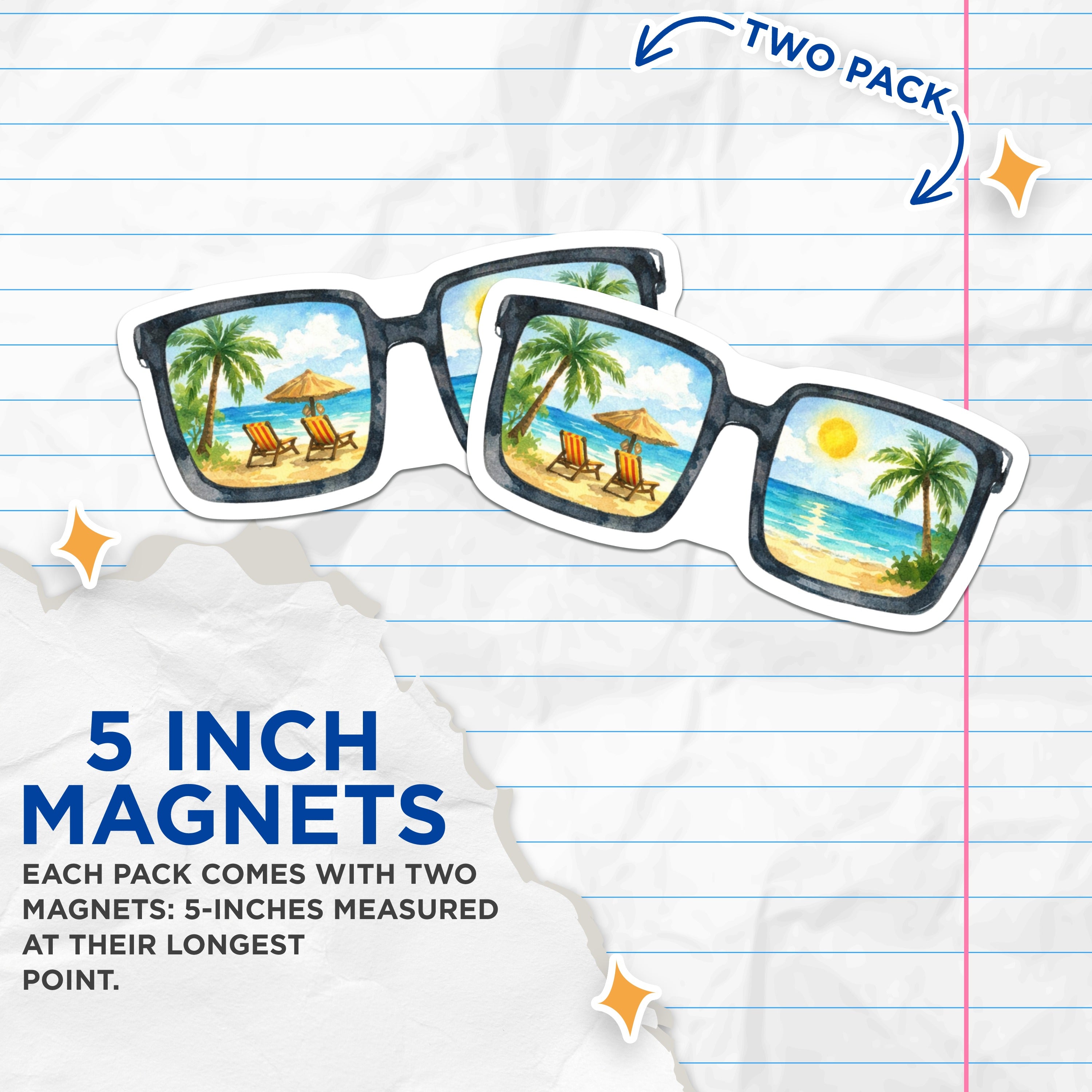 (2 Pack) Beach Scene Sunglasses Magnets - Tropical Vacation Decor - Summer Aesthetic Refrigerator Art - 5 Inches On Longest Side - Thick Durable Magnet - Made in USA - MAG37301