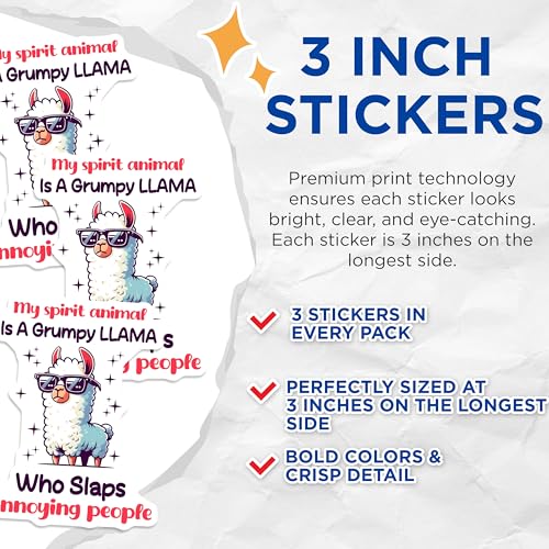 (3 Pack) Grumpy Llama Decals - Funny Animal Stickers - Sarcastic Llama Laptop Decal - 3 Inches On Longest Side - Easy Peel & Apply - Made in USA - 3MCS4422