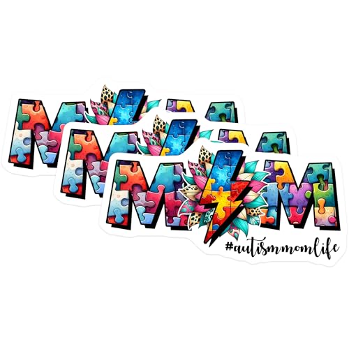 (3 Pack) Autism Mom Life Decals - Puzzle Piece Decal - Supportive Mom Decal - 3 Inches On Longest Side - Easy Peel & Apply - Made in USA - 3MCS6882
