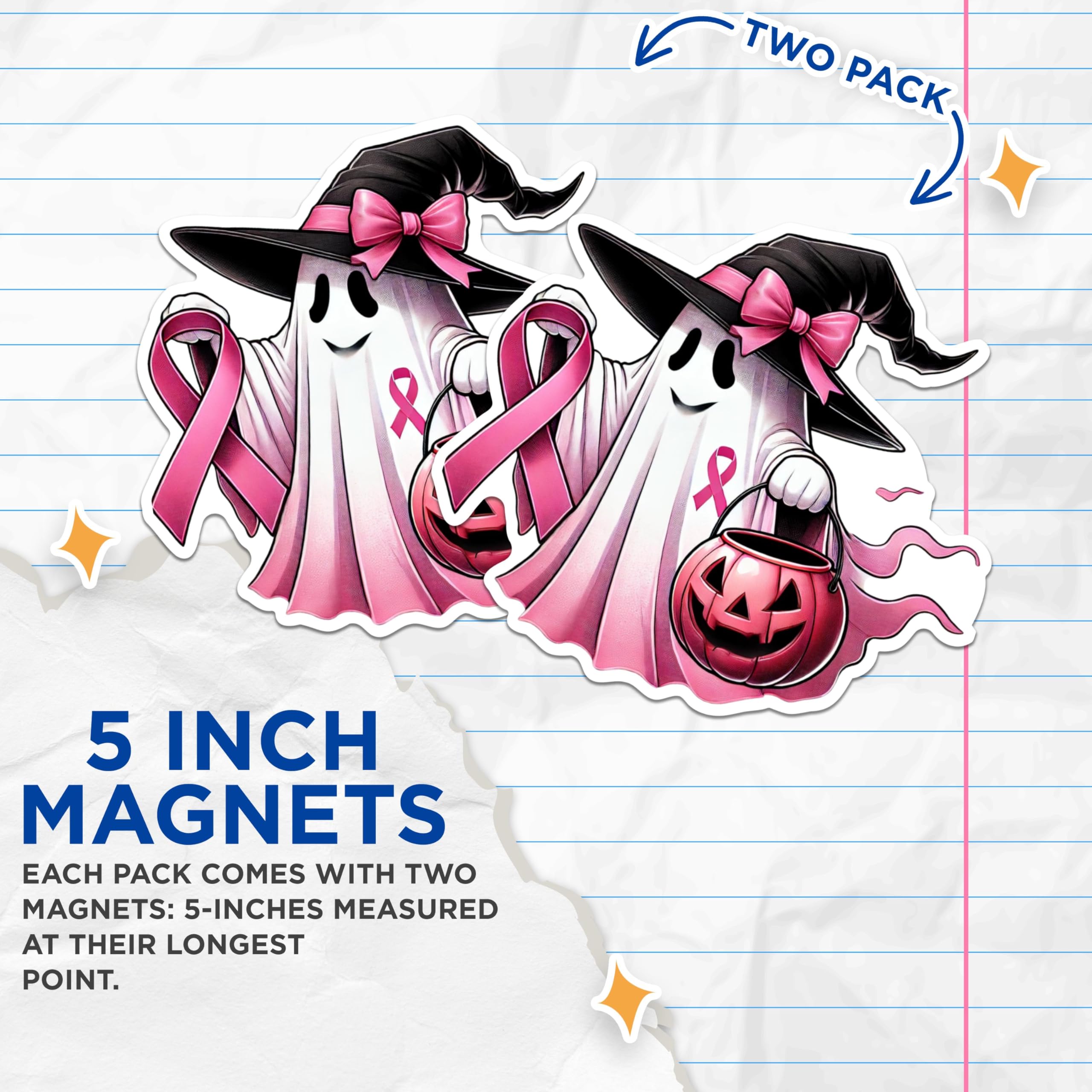 (2 Packs) Breast Cancer Awareness Pink Halloween Magnets - Ghost Wearing Pink Ribbon Magnets - 5" On Longest Side - Premium Magnet - for Fridges, Toolboxes, Cars - Made in USA - MAG2484