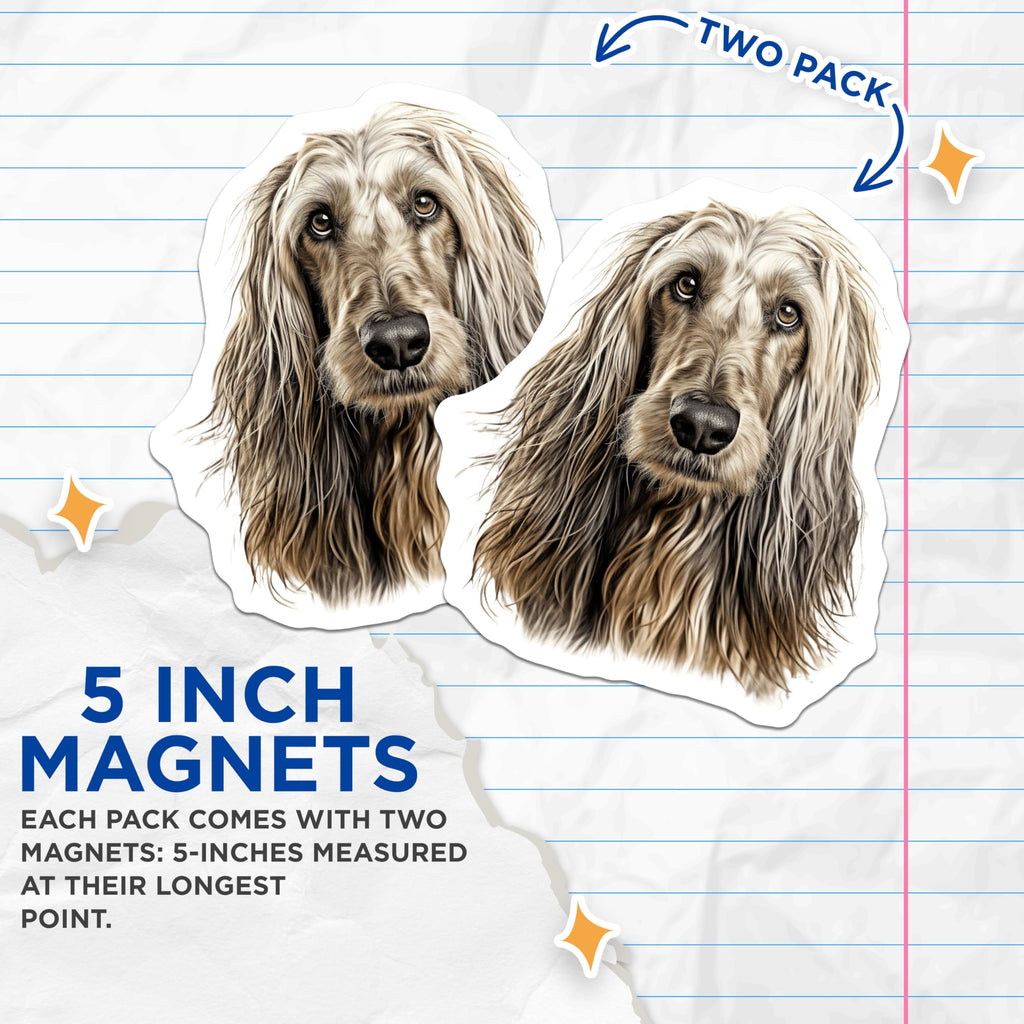 (2 Pack) Afghan Hound Dog Magnets - Elegant Canine Portrait - Pet Lover Fridge Decor - Dog Owner Accessory - 5 Inches On Longest Side - Thick Durable Magnet - Made in USA - MAG30007