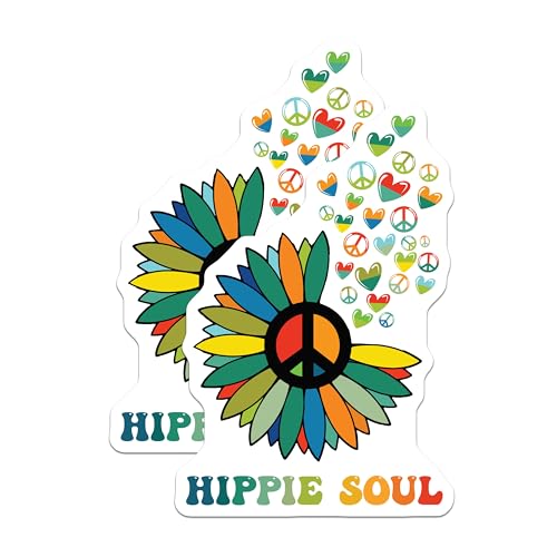 (2 Pack) Hippie Soul Stickers - Peace Sign Flower Stickers - Colorful Retro Stickers - 5" On Longest Side - Sticks to Smooth Flat Surfaces - Made in USA - BMCS4695