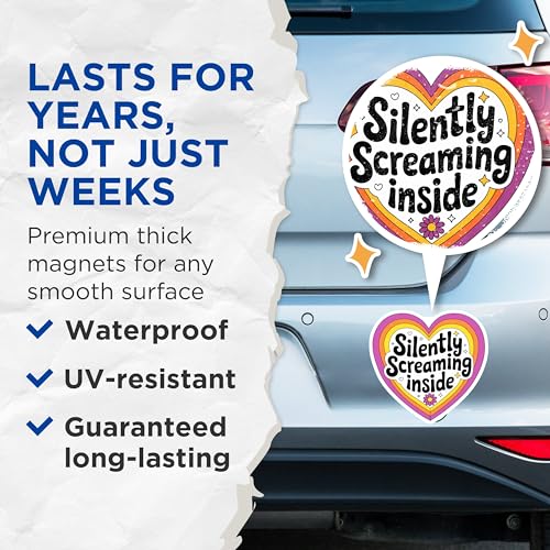 (2 Pack) Silently Screaming Inside Magnets - Heart Shape Decoration - Motivational Quotes - Quirky Fridge Decor - 5" On Longest Side - for Cars, Fridges, Toolboxes - Made in USA - MAG5601