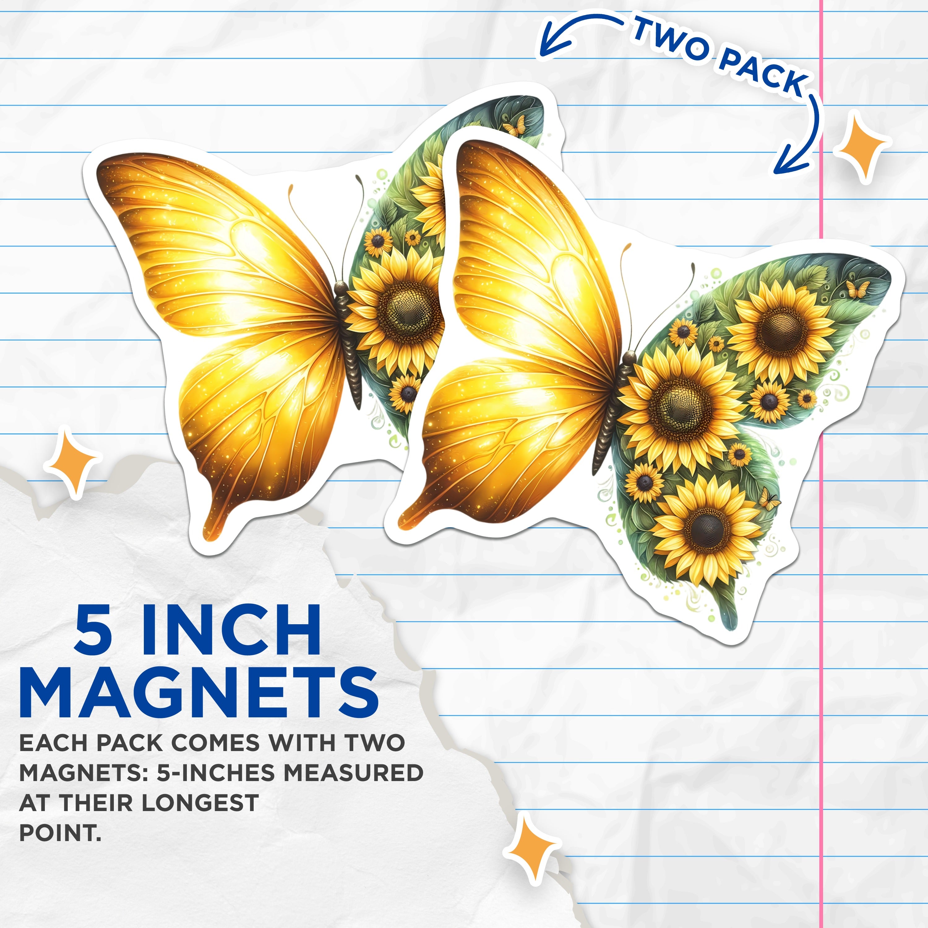 (2 Pack) Sunflower Butterfly Magnets - Golden Wing Decor - Whimsical Nature Art - 5 Inches On Longest Side - Thick Durable Magnet - Made in USA - MAG39176