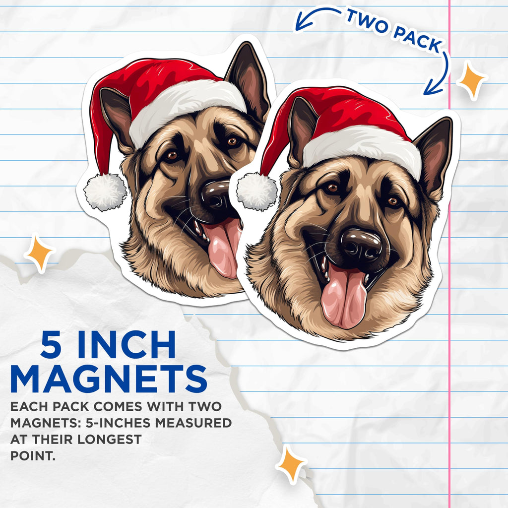 (2 Pack) German Shepherd Christmas Magnets - Holiday Dog Decor - Pet Lover Fridge Magnet - 5 Inches On Longest Side - Thick Durable Magnet - Made in USA - MAG30897