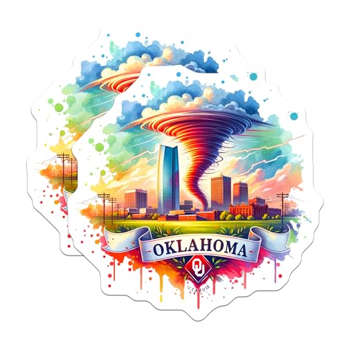 (2 Pack) Oklahoma Tornado Stickers - Scenic City Skyline - Colorful Weather Illustration - 5" On Longest Side - Sticks to Smooth Flat Surfaces - Made in USA - BMCS6577