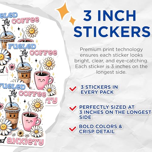 (3 Pack) Fueled by Coffee Decals - Anxiety Sticker - Cute Laptop Stickers - 3 Inches On Longest Side - Easy Peel & Apply - Made in USA - 3MCS6287