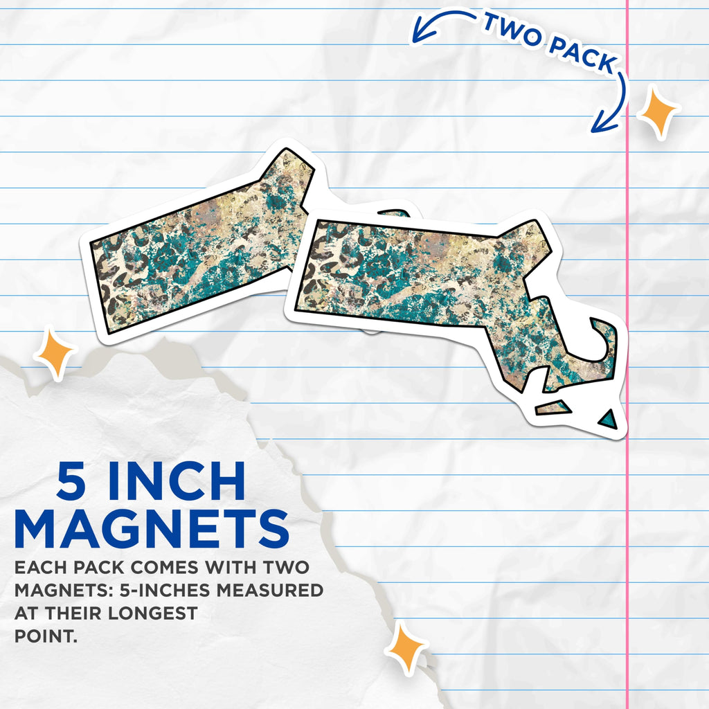 (2 Pack) Massachusetts State Outline Magnets - Grunge Leopard Print Abstract Art - Teal Beige Fridge Home Kitchen Decor - 5 Inches On Longest Side - Thick Durable Magnet - Made in USA - MAG19466