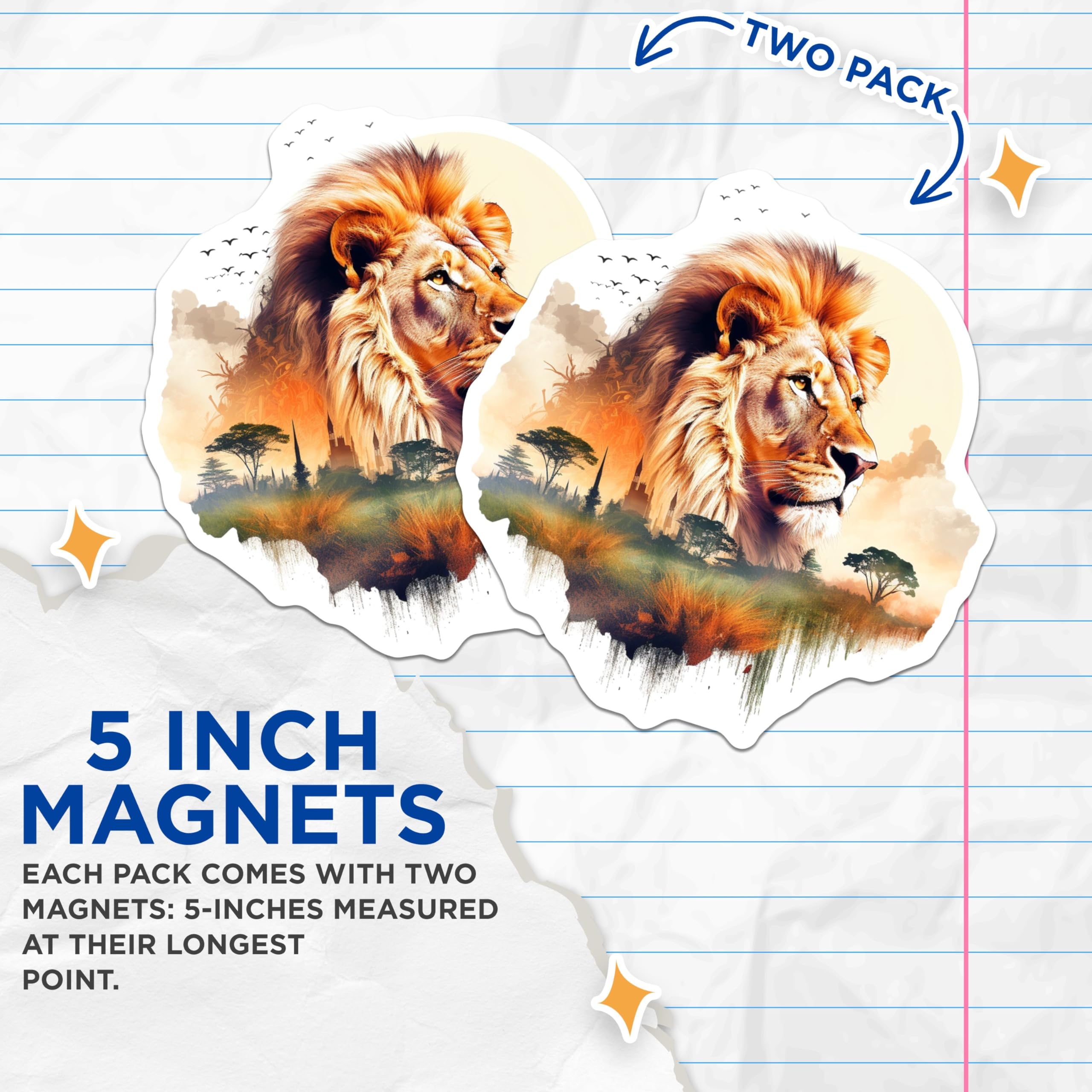 (2 Pack) Lion Wildlife Art Magnets - Animal Kingdom - Safari - 5" On Longest Side - for Cars, Fridges, Toolboxes - Made in USA - MAG3803