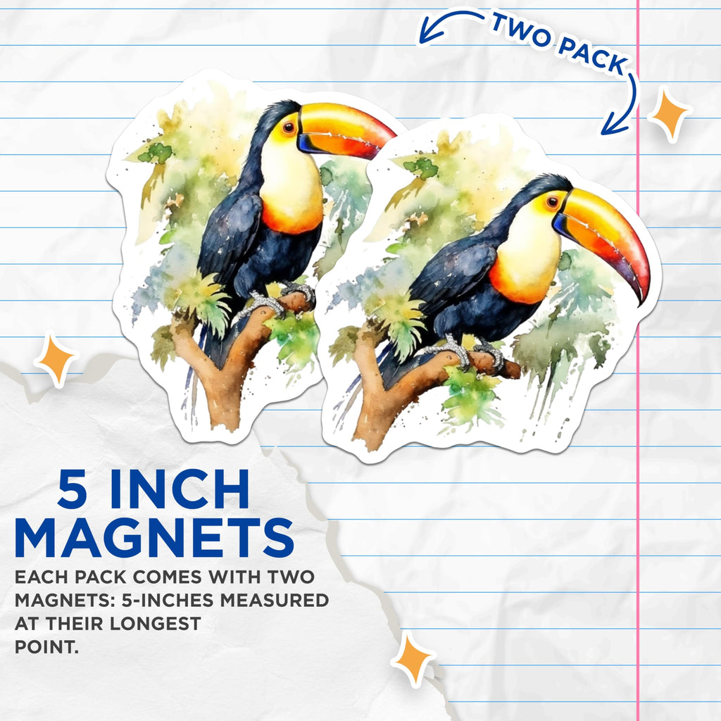 (2 Pack) Toucan Magnets - Exotic Bird Watercolor Art - Tropical Jungle Decor - 5 Inches On Longest Side - Thick Durable Magnet - Made in USA - MAG20193