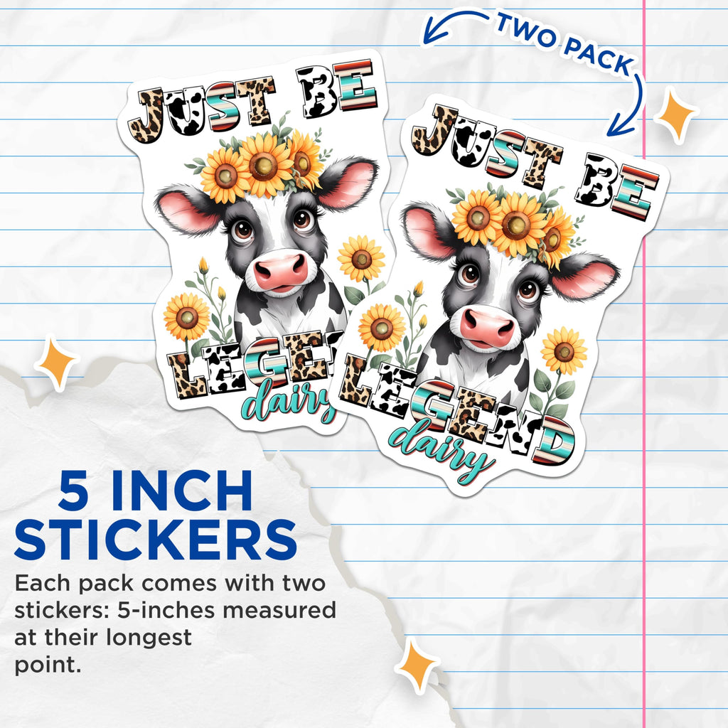 (2 Pack) Just Be Legend Dairy Stickers - Cute Cow Sticker - Sunflower Cow Vinyl Decal - 5" On Longest Side - Sticks to Smooth Flat Surfaces - Made in USA - BMCS9808
