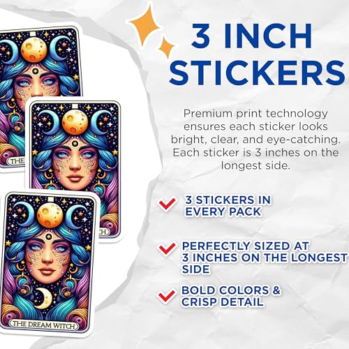 (3 Pack) Dream Witch Decals - Moon Goddess Stickers - Celestial Laptop Decals - 3 Inches On Longest Side - Easy Peel & Apply - Made in USA - 3MCS4162