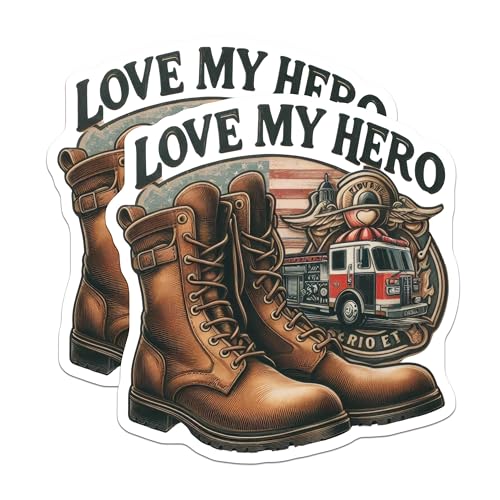 (2 Pack) Love My Hero Stickers - Patriotic Boots - Firefighter Hero - Honoring Bravery - 5" On Longest Side - Sticks to Smooth Flat Surfaces - Made in USA - BMCS7254